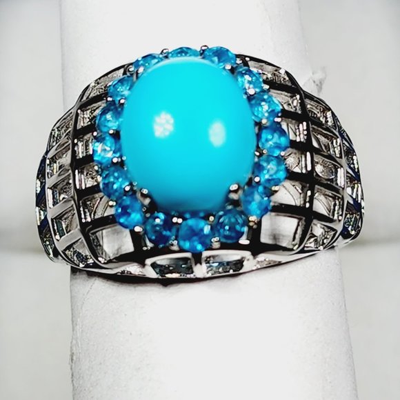 Natural Arizona Sleeping Beauty Turquoise/Neon Apatite Halo ring in Rhodium/925 - Picture 4 of 6
